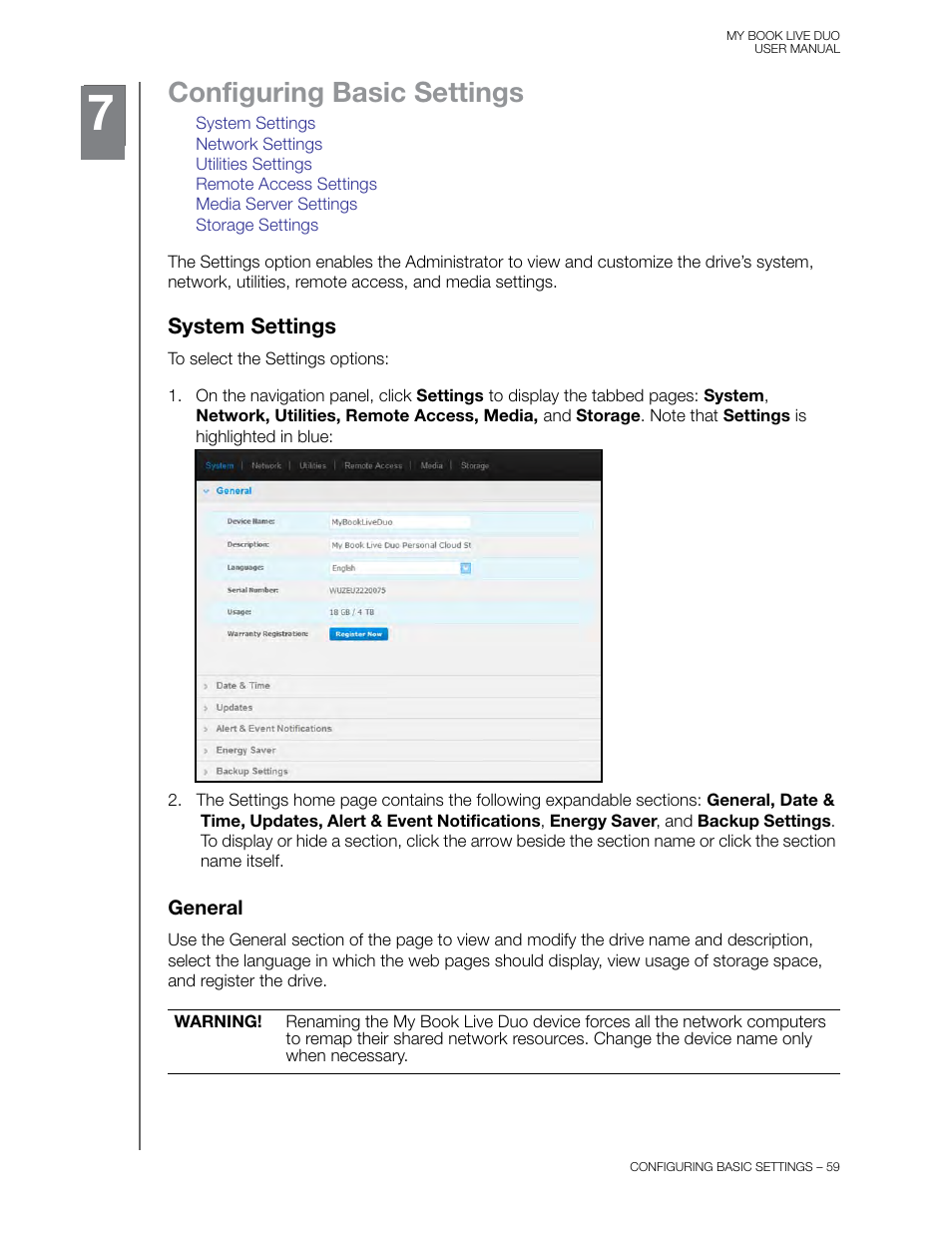 Configuring basic settings, System settings, General | Western Digital My Book Live Duo User Manual User Manual | Page 65 / 146