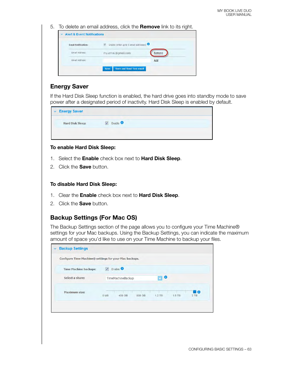 Energy saver, Backup settings (for mac os) | Western Digital My Book Live Duo User Manual User Manual | Page 69 / 146