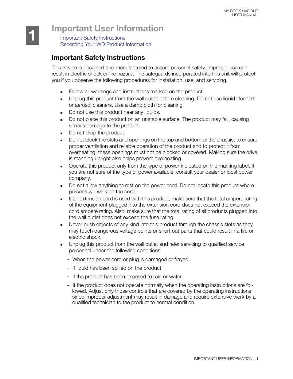 Important user information, Important safety instructions | Western Digital My Book Live Duo User Manual User Manual | Page 7 / 146