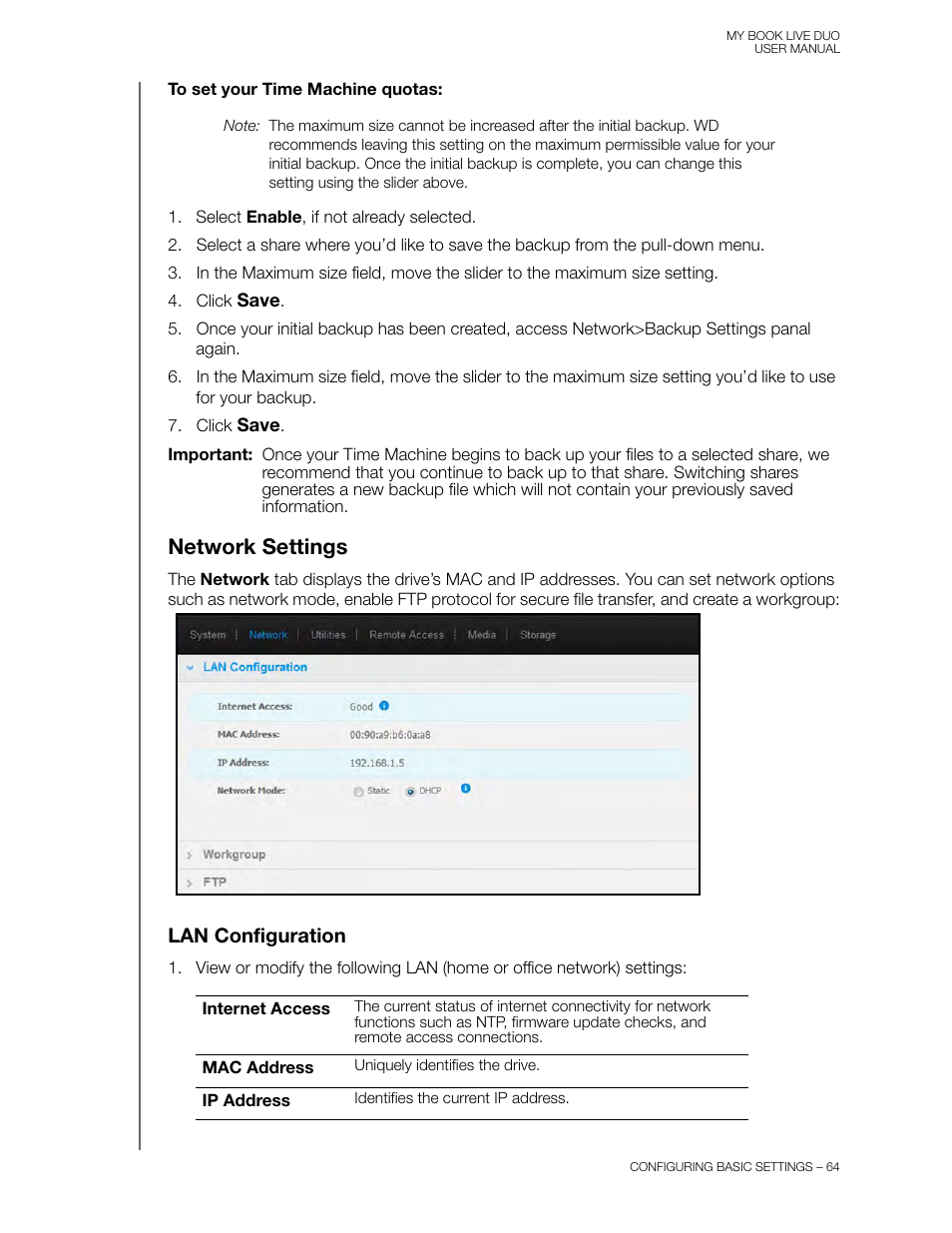 Network settings, Lan configuration | Western Digital My Book Live Duo User Manual User Manual | Page 70 / 146