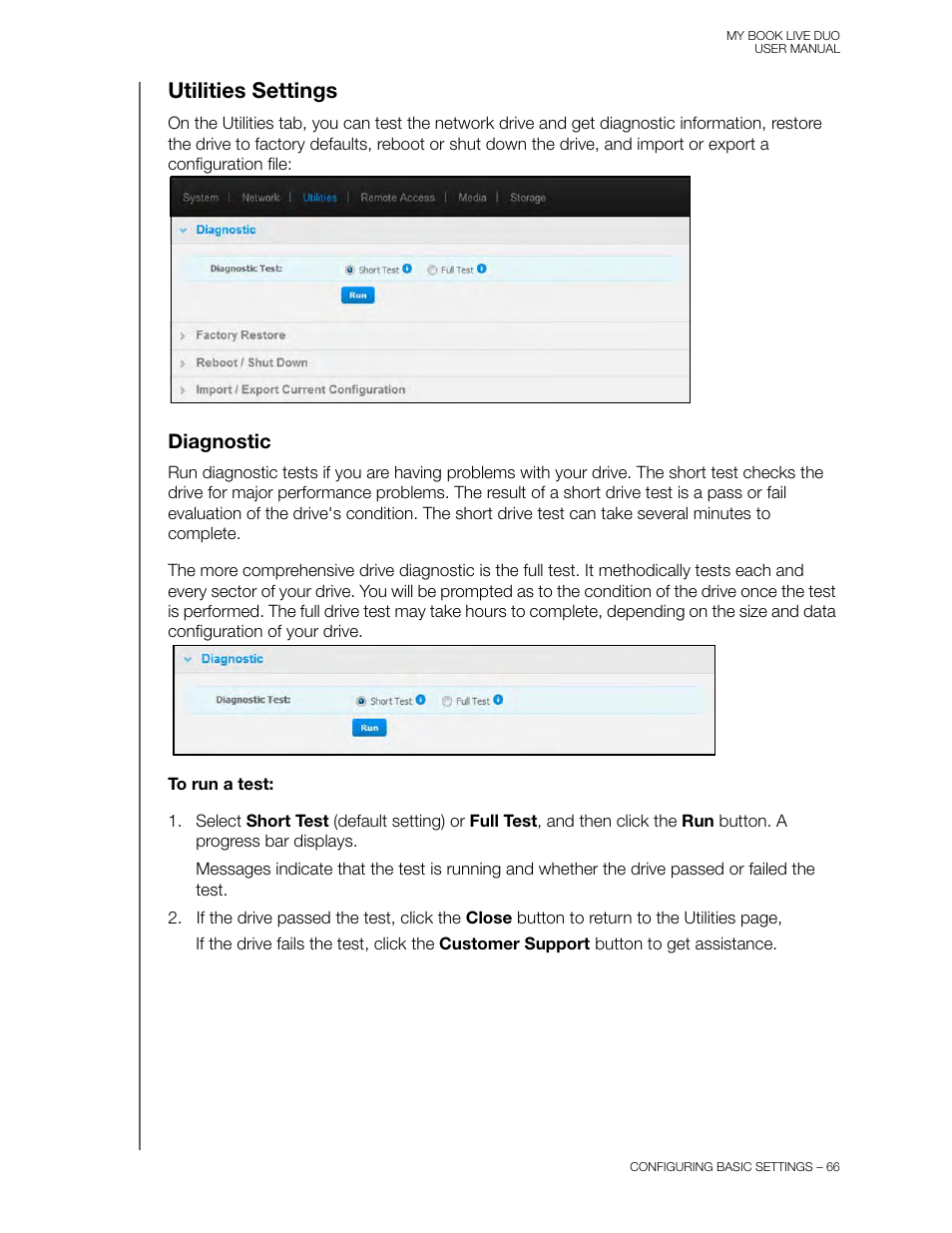 Utilities settings, Diagnostic | Western Digital My Book Live Duo User Manual User Manual | Page 72 / 146