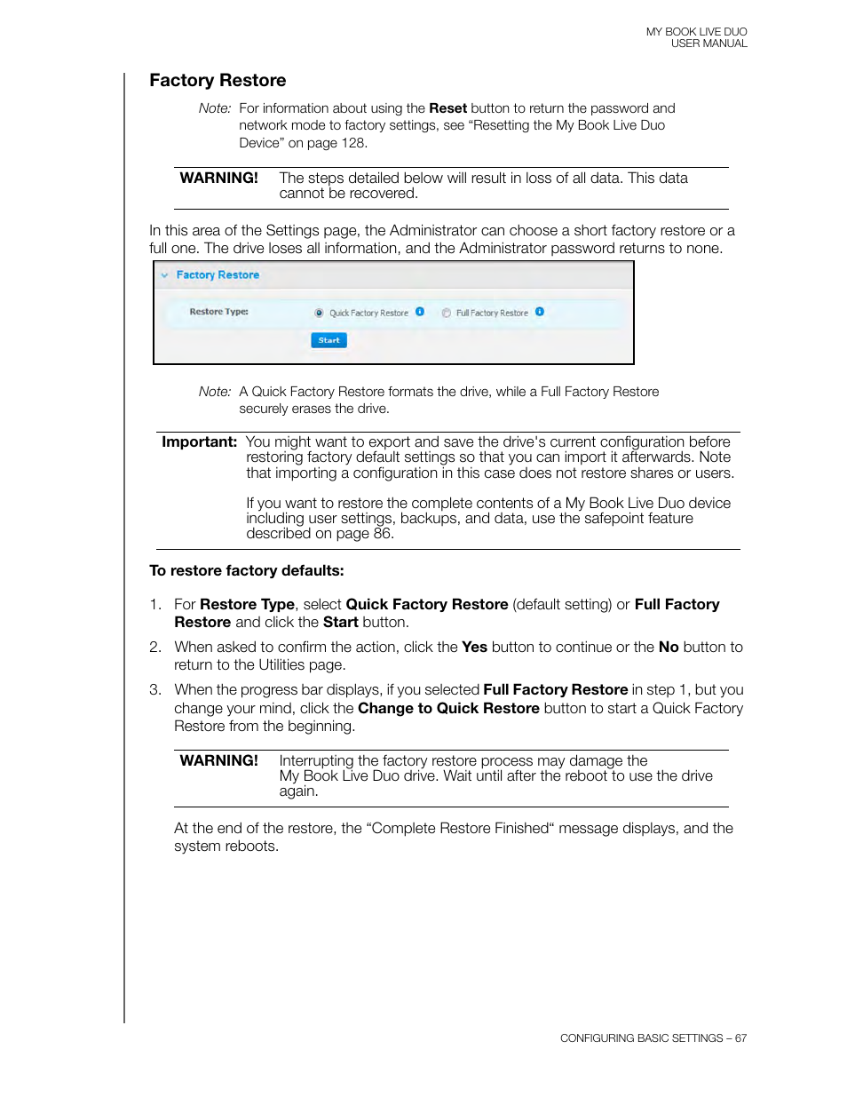 Factory restore | Western Digital My Book Live Duo User Manual User Manual | Page 73 / 146