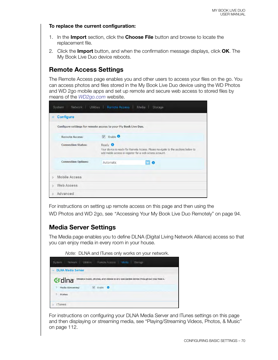 Remote access settings, Media server settings, Remote access settings media server settings | Western Digital My Book Live Duo User Manual User Manual | Page 76 / 146