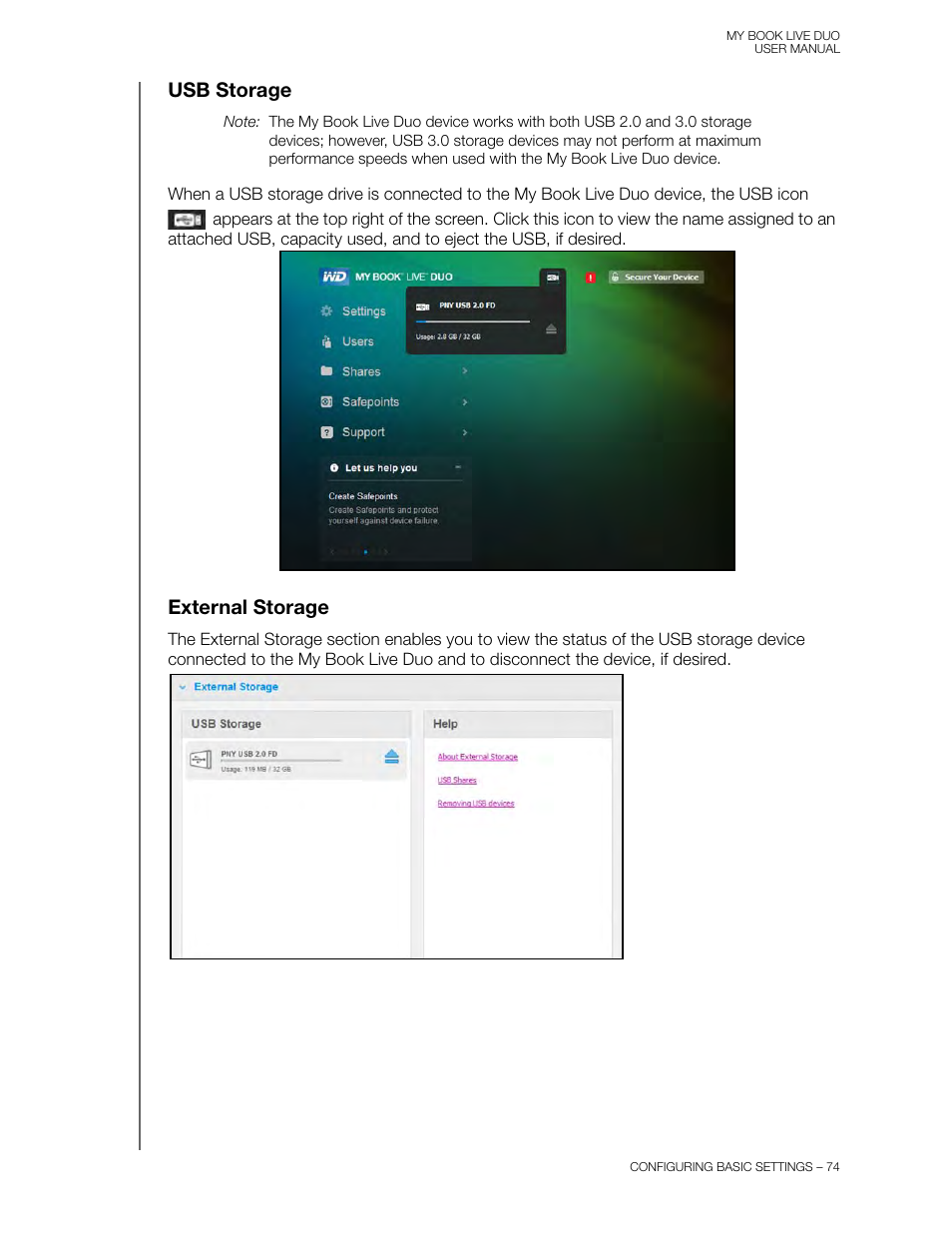 Usb storage, External storage | Western Digital My Book Live Duo User Manual User Manual | Page 80 / 146