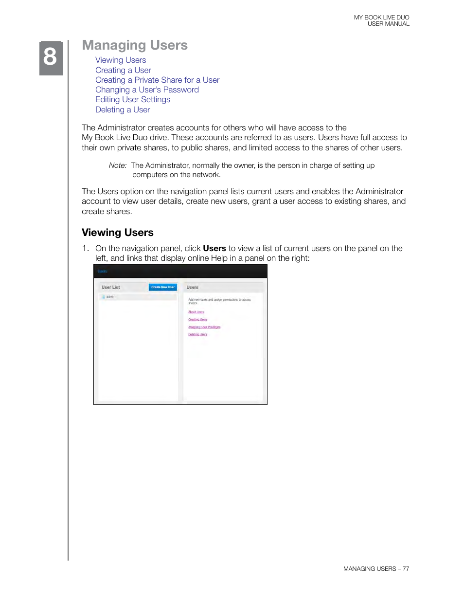 Managing users, Viewing users | Western Digital My Book Live Duo User Manual User Manual | Page 83 / 146