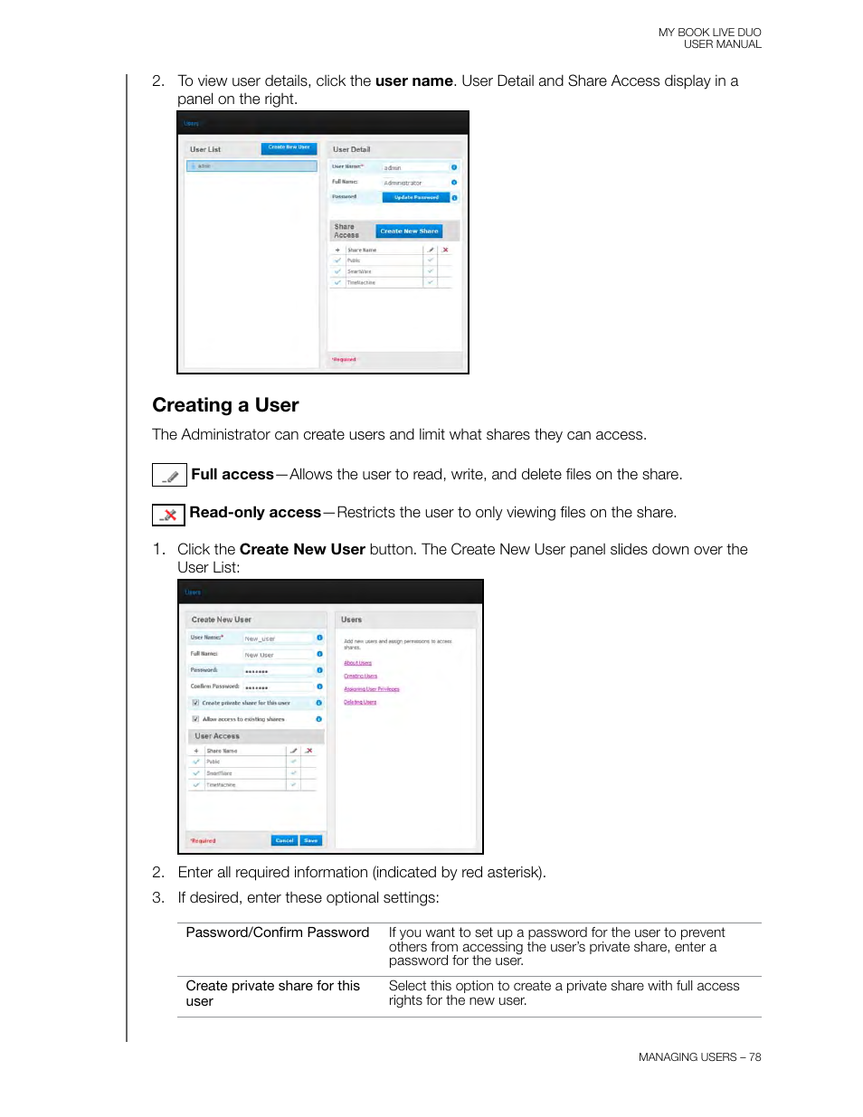 Creating a user | Western Digital My Book Live Duo User Manual User Manual | Page 84 / 146