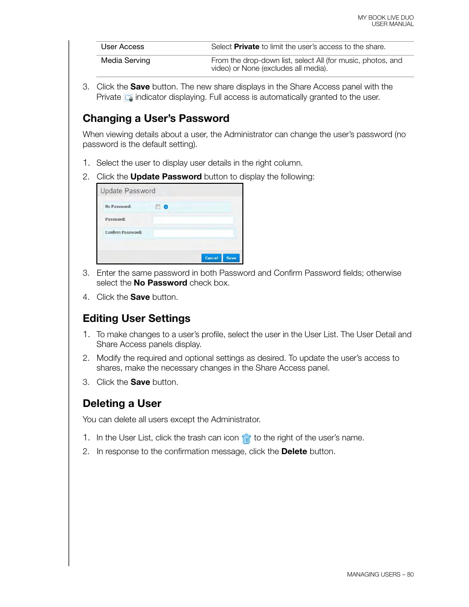 Changing a user’s password, Editing user settings, Deleting a user | Western Digital My Book Live Duo User Manual User Manual | Page 86 / 146