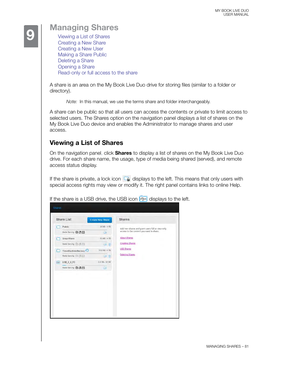 Managing shares, Viewing a list of shares | Western Digital My Book Live Duo User Manual User Manual | Page 87 / 146