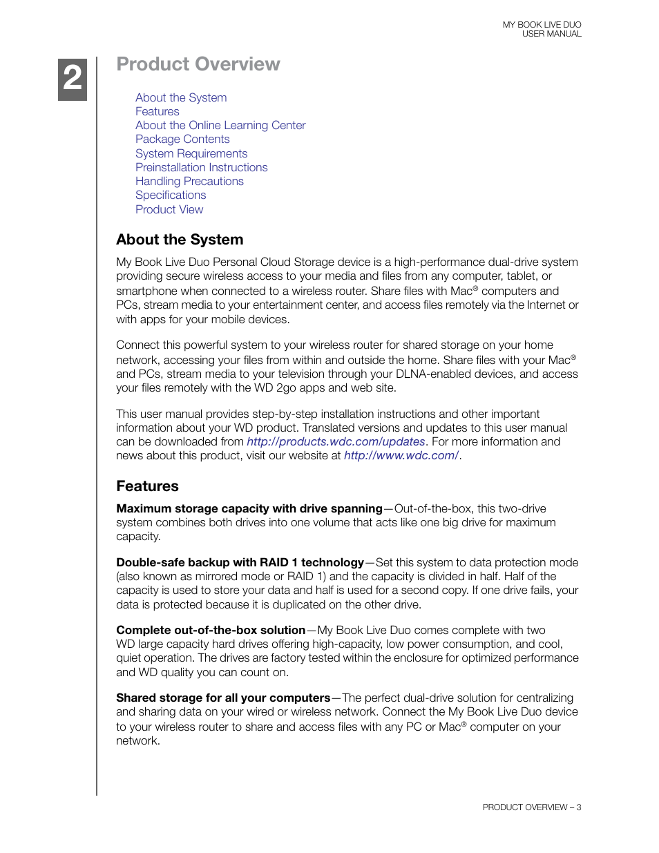 Product overview, About the system, Features | Western Digital My Book Live Duo User Manual User Manual | Page 9 / 146