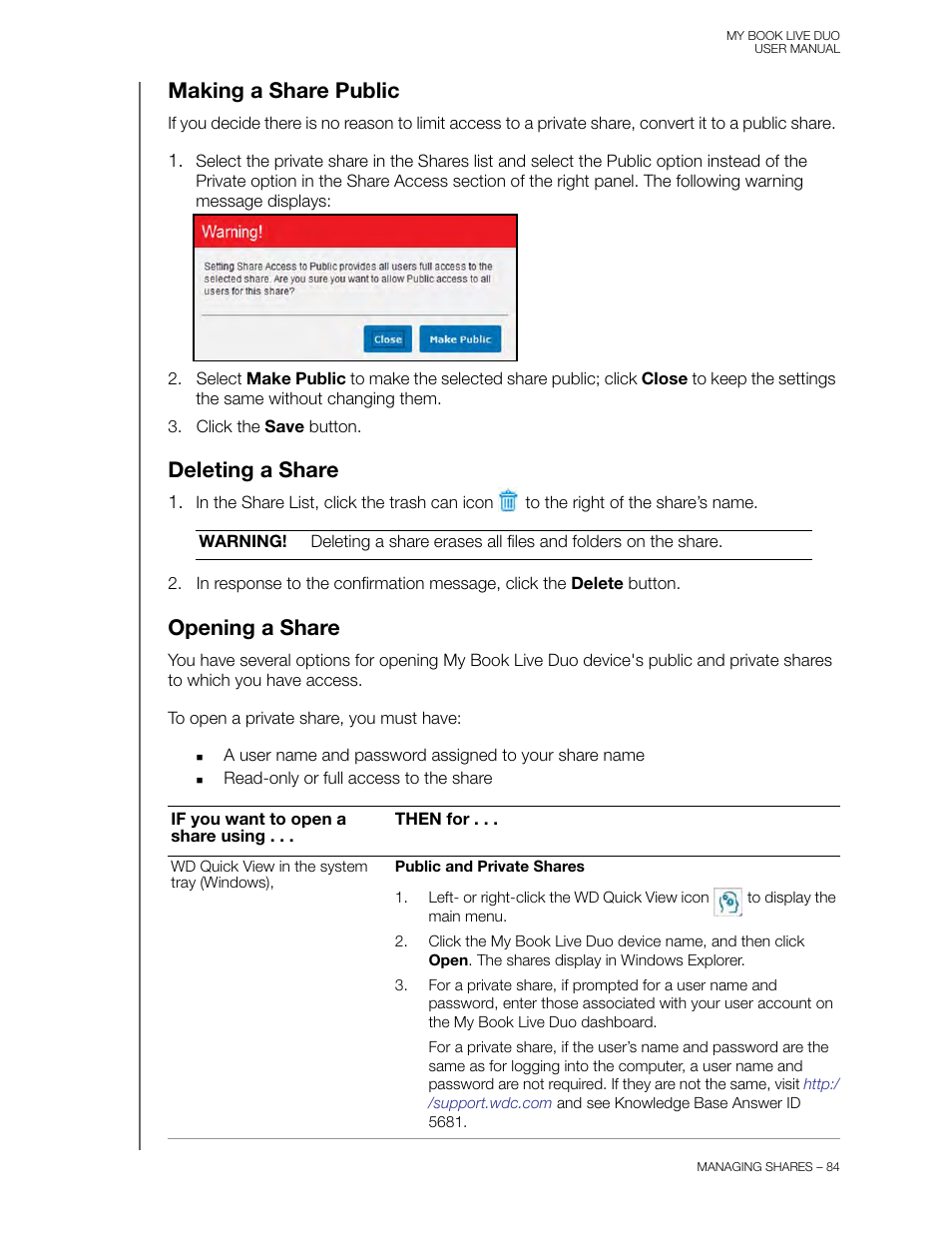 Making a share public, Deleting a share, Opening a share | Western Digital My Book Live Duo User Manual User Manual | Page 90 / 146