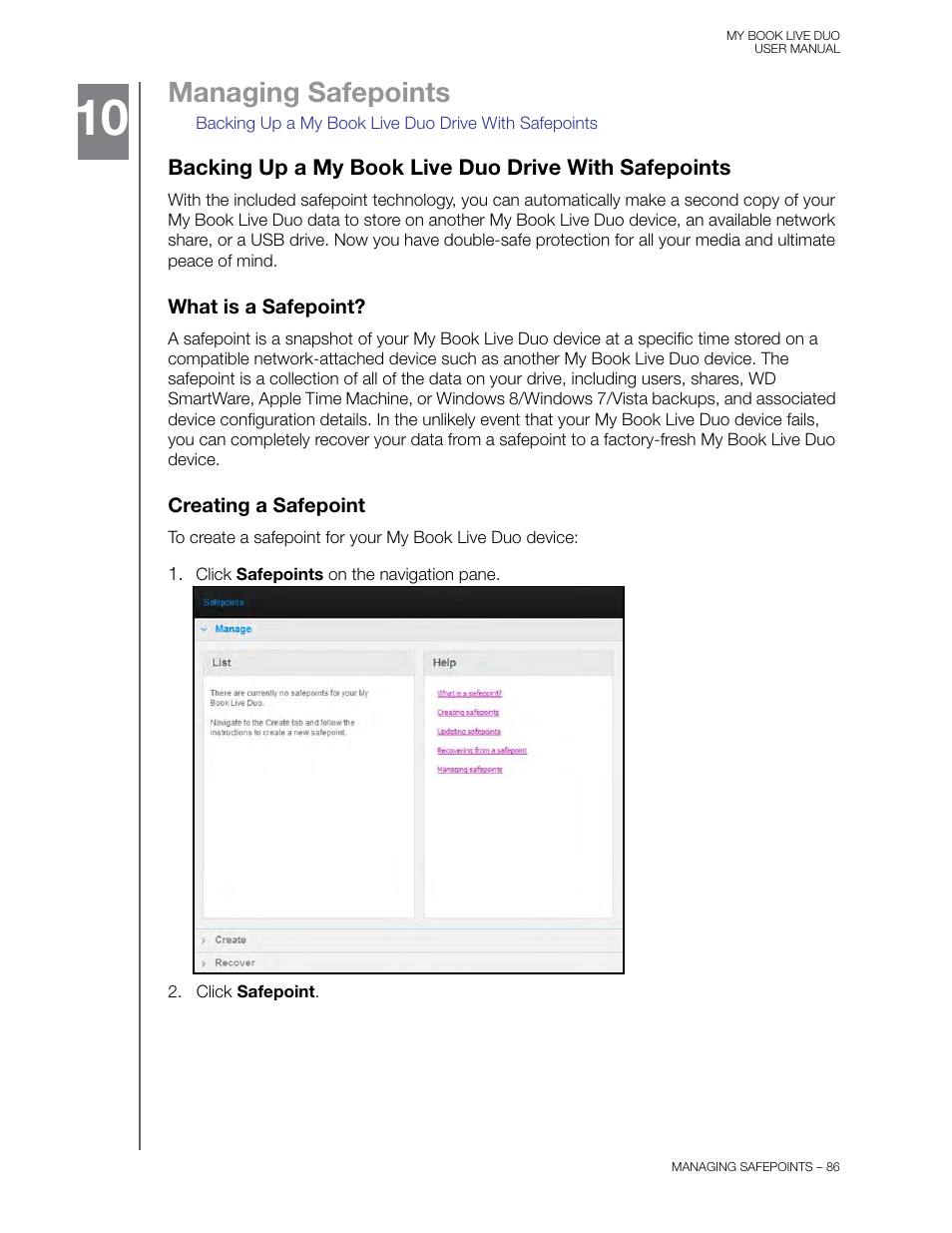 Managing safepoints, What is a safepoint, Creating a safepoint | Western Digital My Book Live Duo User Manual User Manual | Page 92 / 146