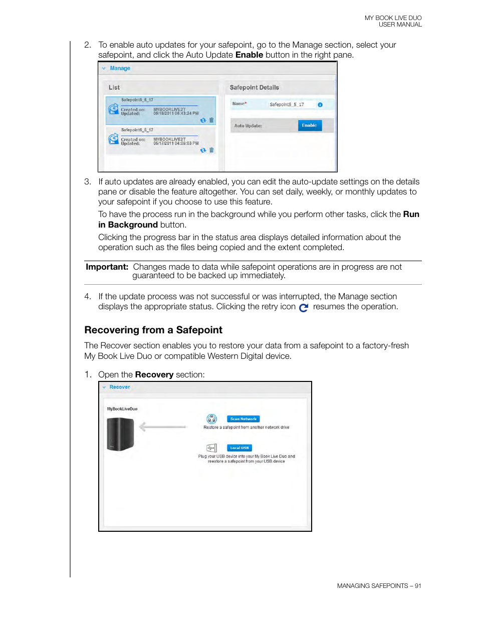 Recovering from a safepoint | Western Digital My Book Live Duo User Manual User Manual | Page 97 / 146