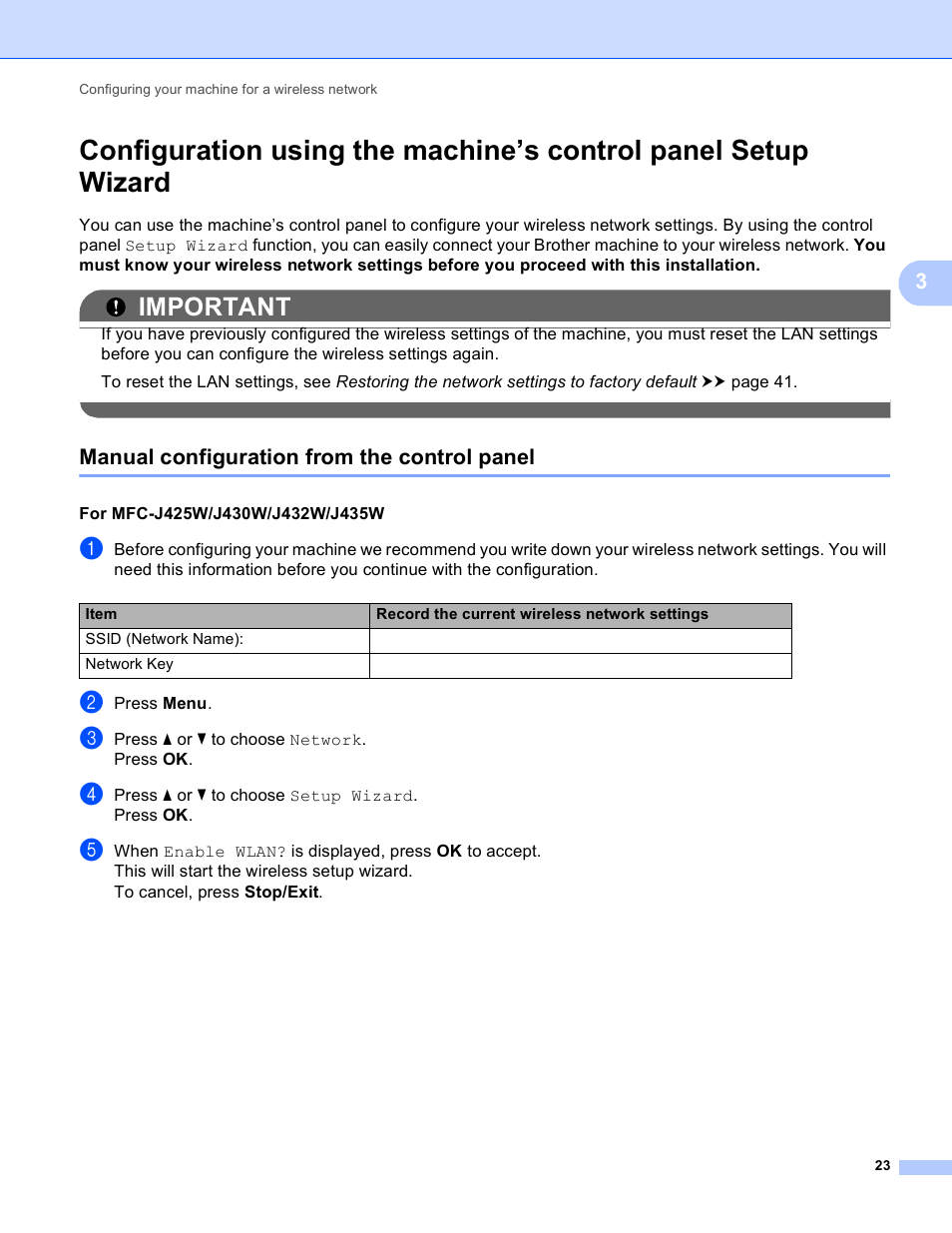 Manual configuration from the control panel, Important | Brother DCP-J525W User Manual | Page 27 / 85