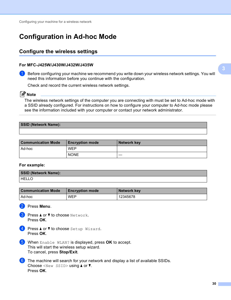 Configuration in ad-hoc mode, Configure the wireless settings | Brother DCP-J525W User Manual | Page 34 / 85
