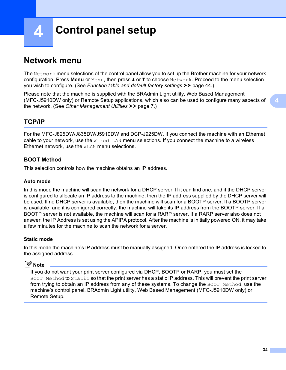 4 control panel setup, Network menu, Tcp/ip | Boot method, Control panel setup | Brother DCP-J525W User Manual | Page 38 / 85