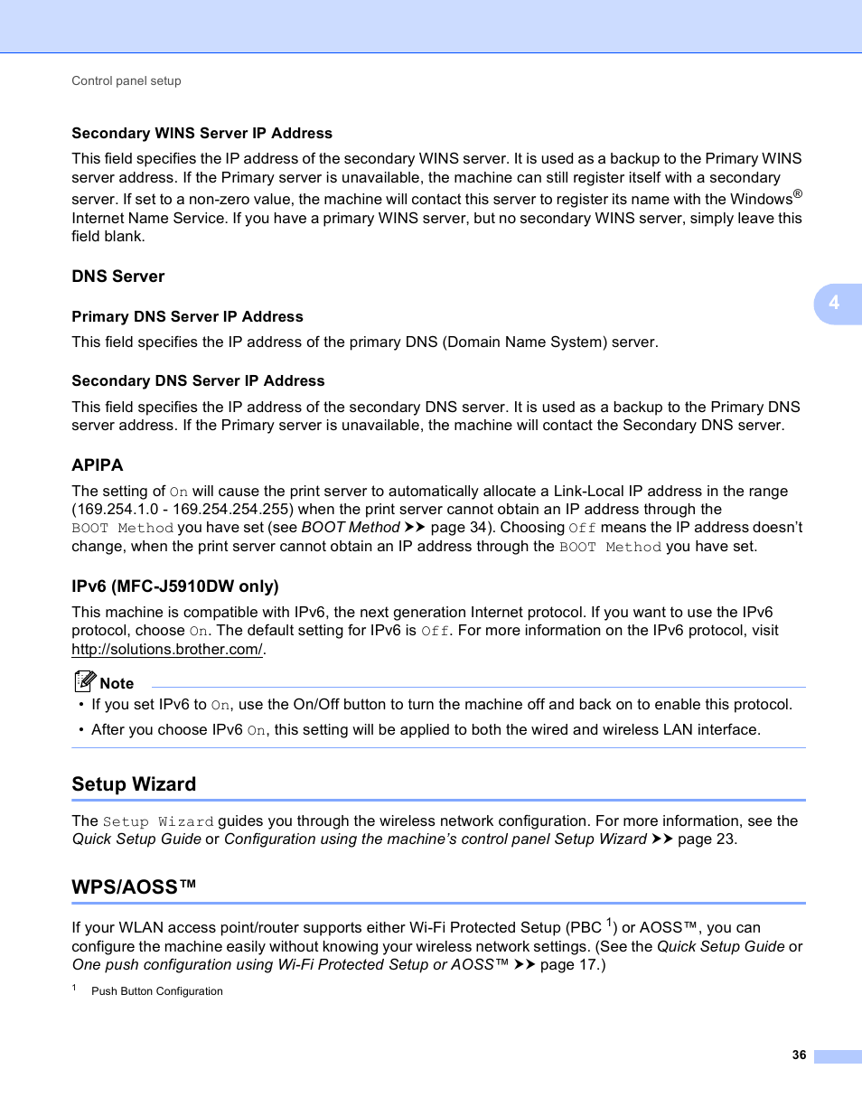 Dns server, Apipa, Ipv6 (mfc-j5910dw only) | Setup wizard, Wps/aoss, Setup wizard wps/aoss | Brother DCP-J525W User Manual | Page 40 / 85