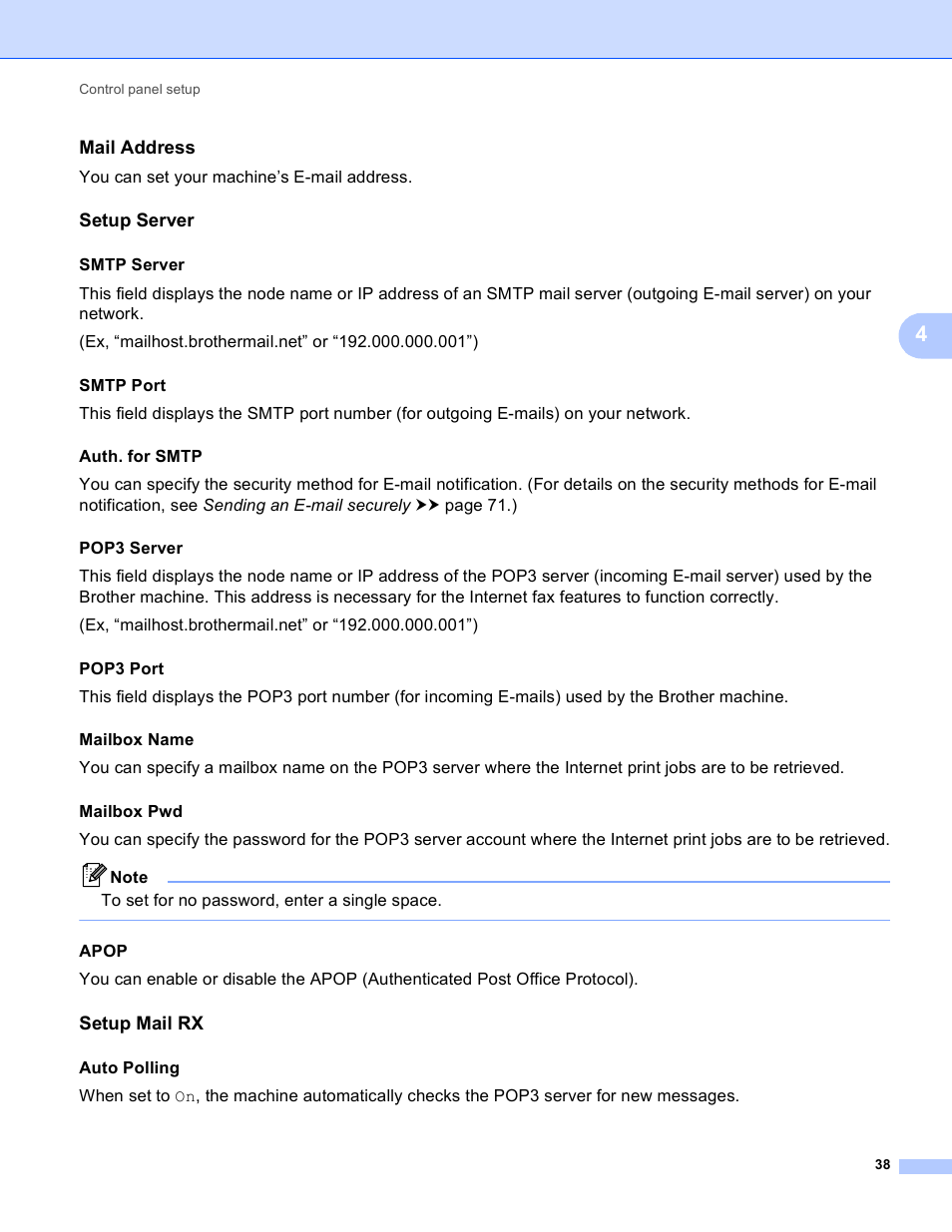 Mail address, Setup server, Setup mail rx | You can set your machine’s e-mail address, Smtp server, Apop, Auto polling | Brother DCP-J525W User Manual | Page 42 / 85