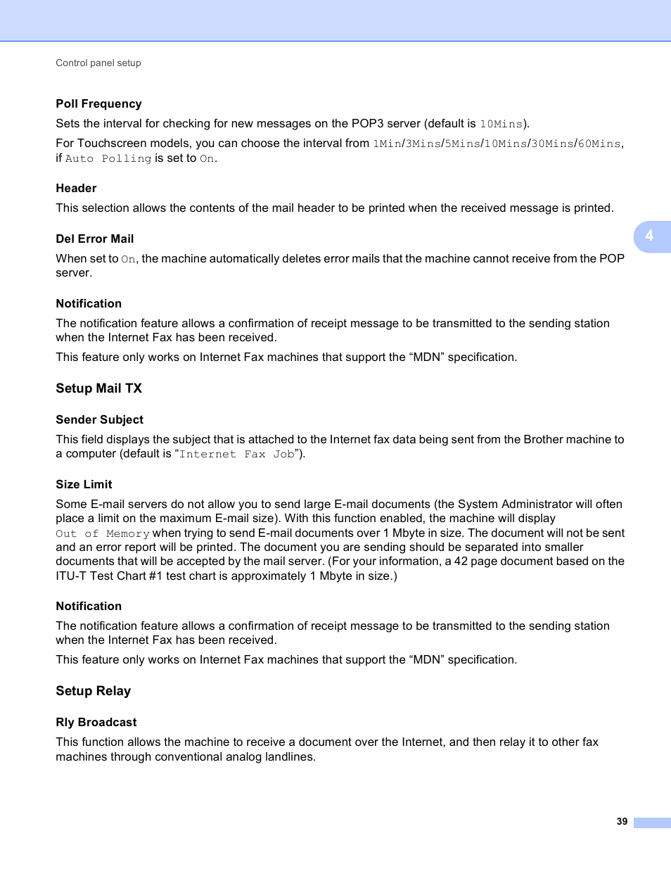 Setup mail tx, Setup relay, Poll frequency | Sender subject, Rly broadcast | Brother DCP-J525W User Manual | Page 43 / 85