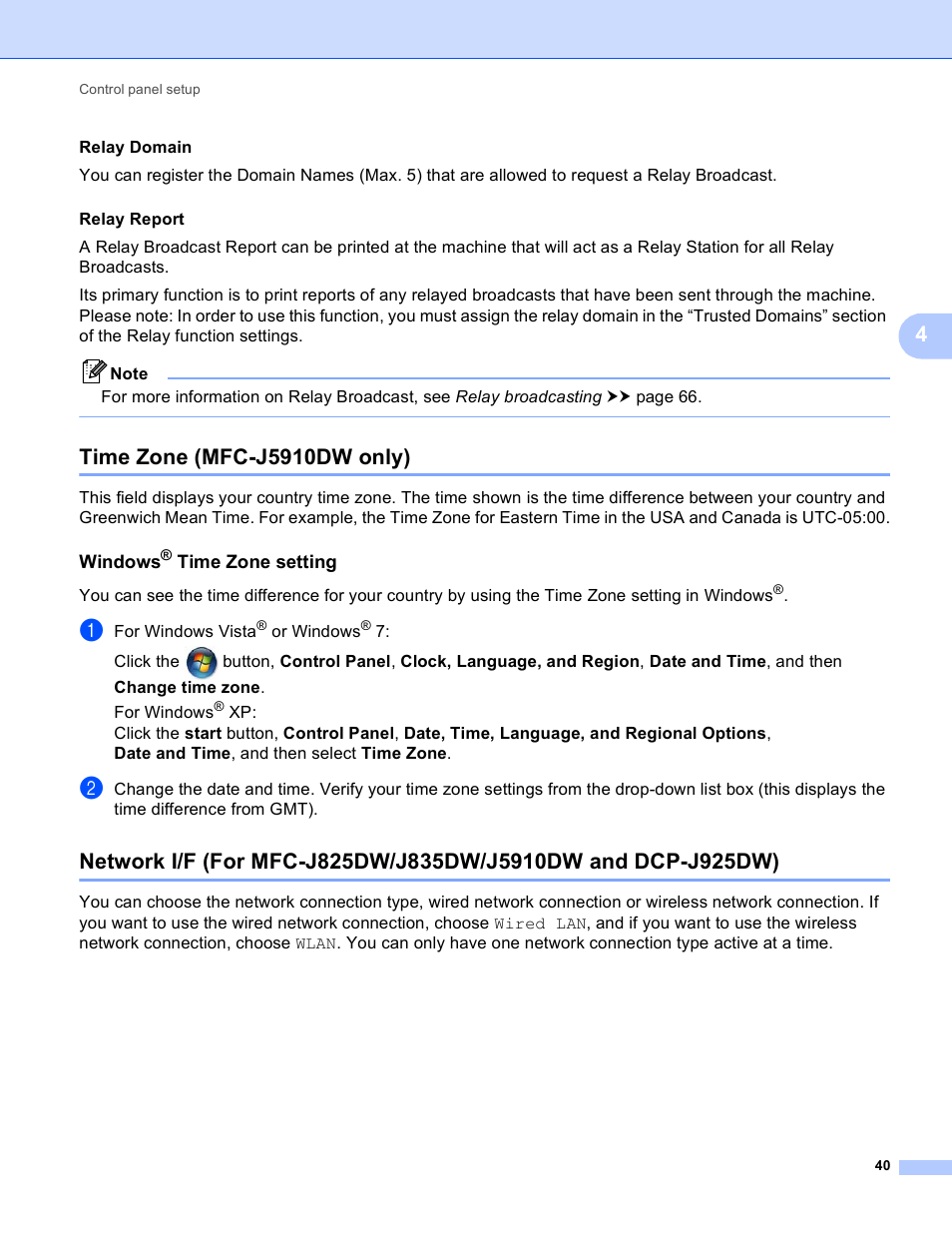Time zone (mfc-j5910dw only), Windows® time zone setting, Windows | Time zone setting | Brother DCP-J525W User Manual | Page 44 / 85