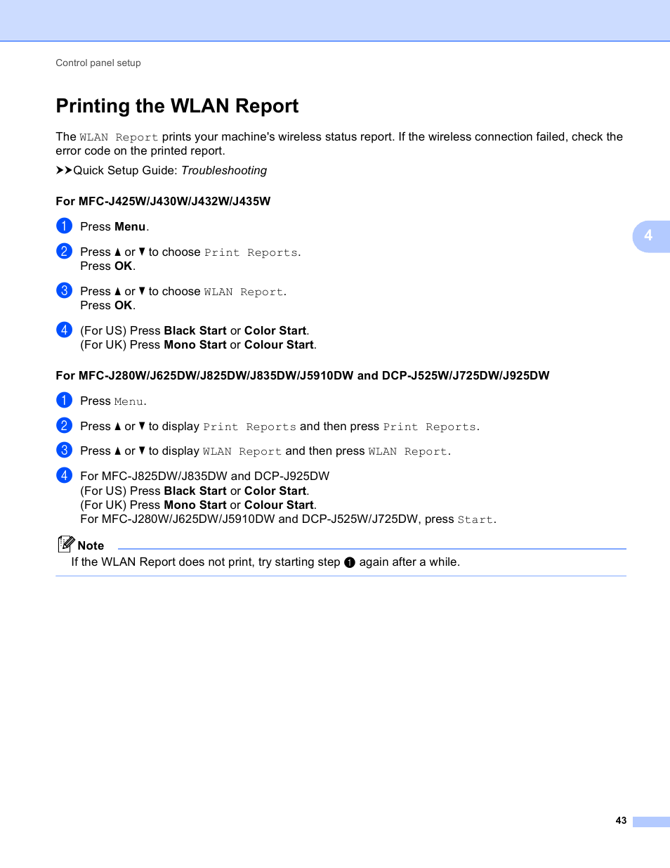 Printing the wlan report | Brother DCP-J525W User Manual | Page 47 / 85