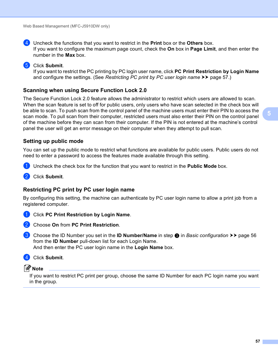 Scanning when using secure function lock 2.0, Setting up public mode, Restricting pc print by pc user login name | Brother DCP-J525W User Manual | Page 61 / 85