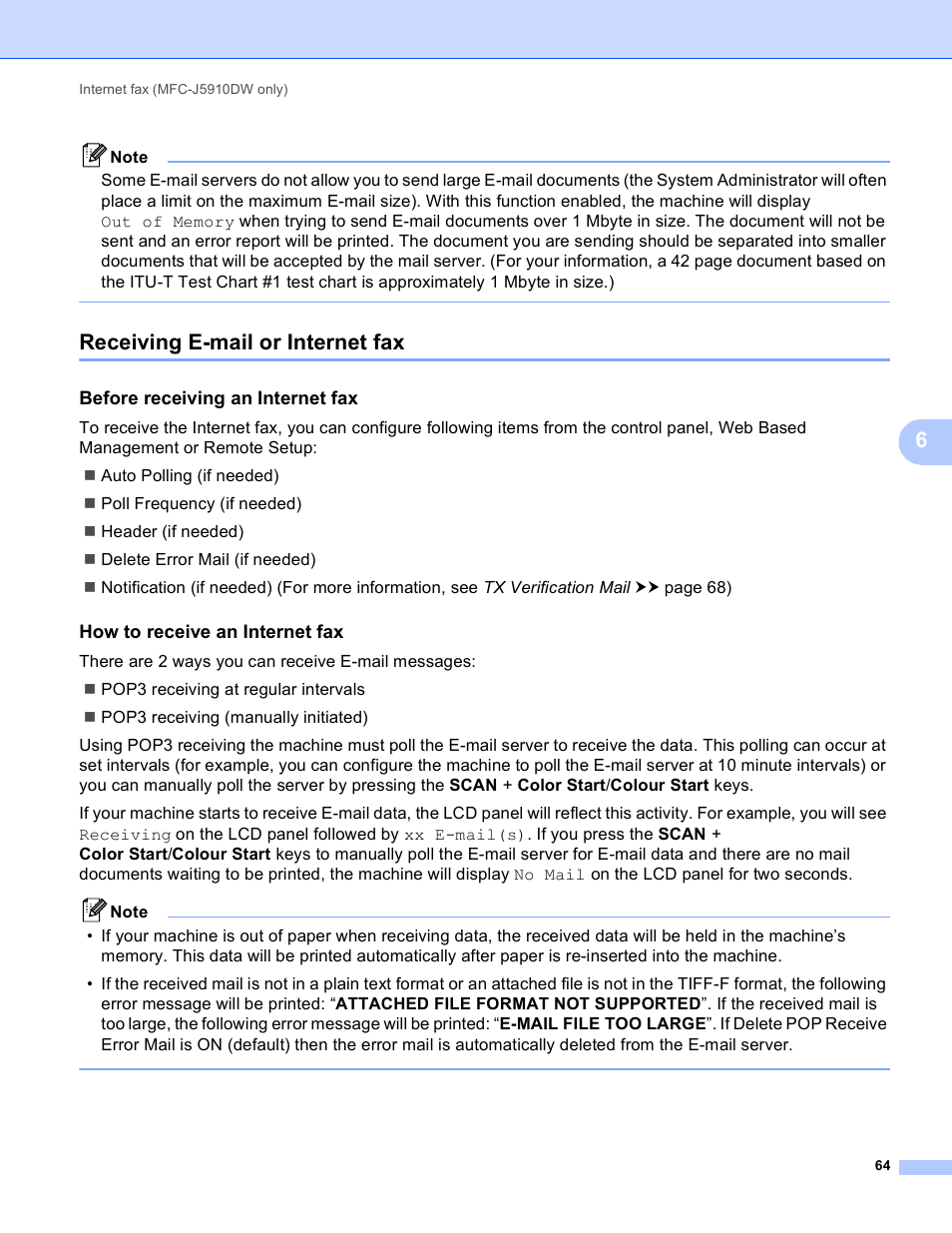 Receiving e-mail or internet fax, Before receiving an internet fax, How to receive an internet fax | Brother DCP-J525W User Manual | Page 68 / 85