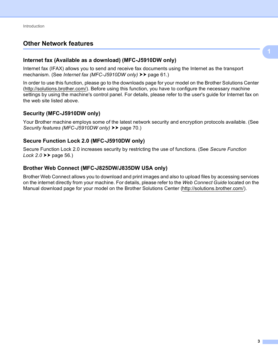 Other network features, Security (mfc-j5910dw only), Secure function lock 2.0 (mfc-j5910dw only) | Brother web connect (mfc-j825dw/j835dw usa only), 1other network features | Brother DCP-J525W User Manual | Page 7 / 85