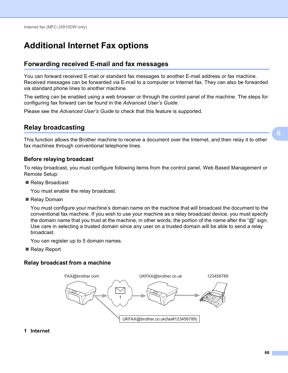 Additional internet fax options, Forwarding received e-mail and fax messages, Relay broadcasting | Before relaying broadcast, Relay broadcast from a machine | Brother DCP-J525W User Manual | Page 70 / 85