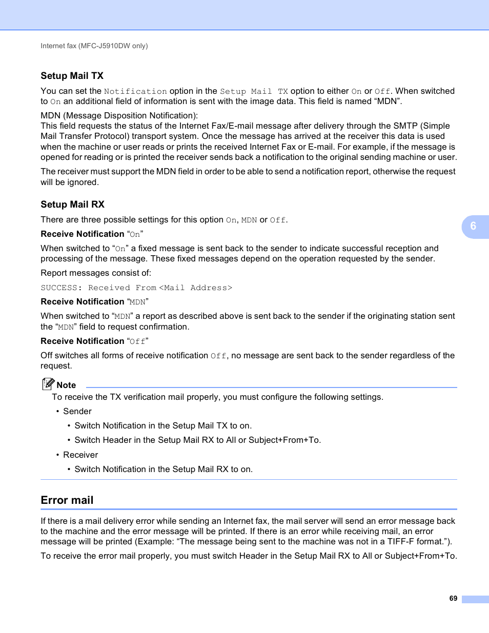 Setup mail tx, Setup mail rx, Error mail | Brother DCP-J525W User Manual | Page 73 / 85