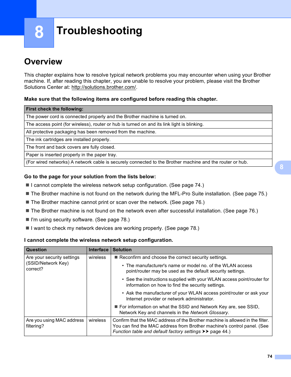 8 troubleshooting, Overview, Troubleshooting | Brother DCP-J525W User Manual | Page 78 / 85