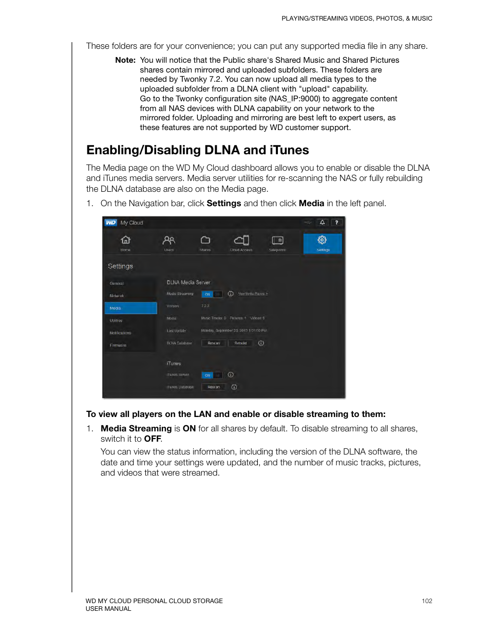 Enabling/disabling dlna and itunes | Western Digital My Cloud User Manual User Manual | Page 107 / 126