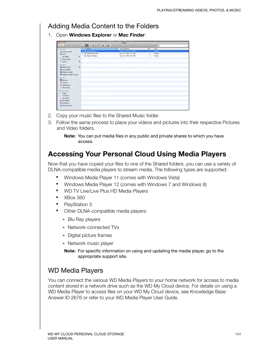 Adding media content to the folders, Accessing your personal cloud using media players, Wd media players | Western Digital My Cloud User Manual User Manual | Page 109 / 126