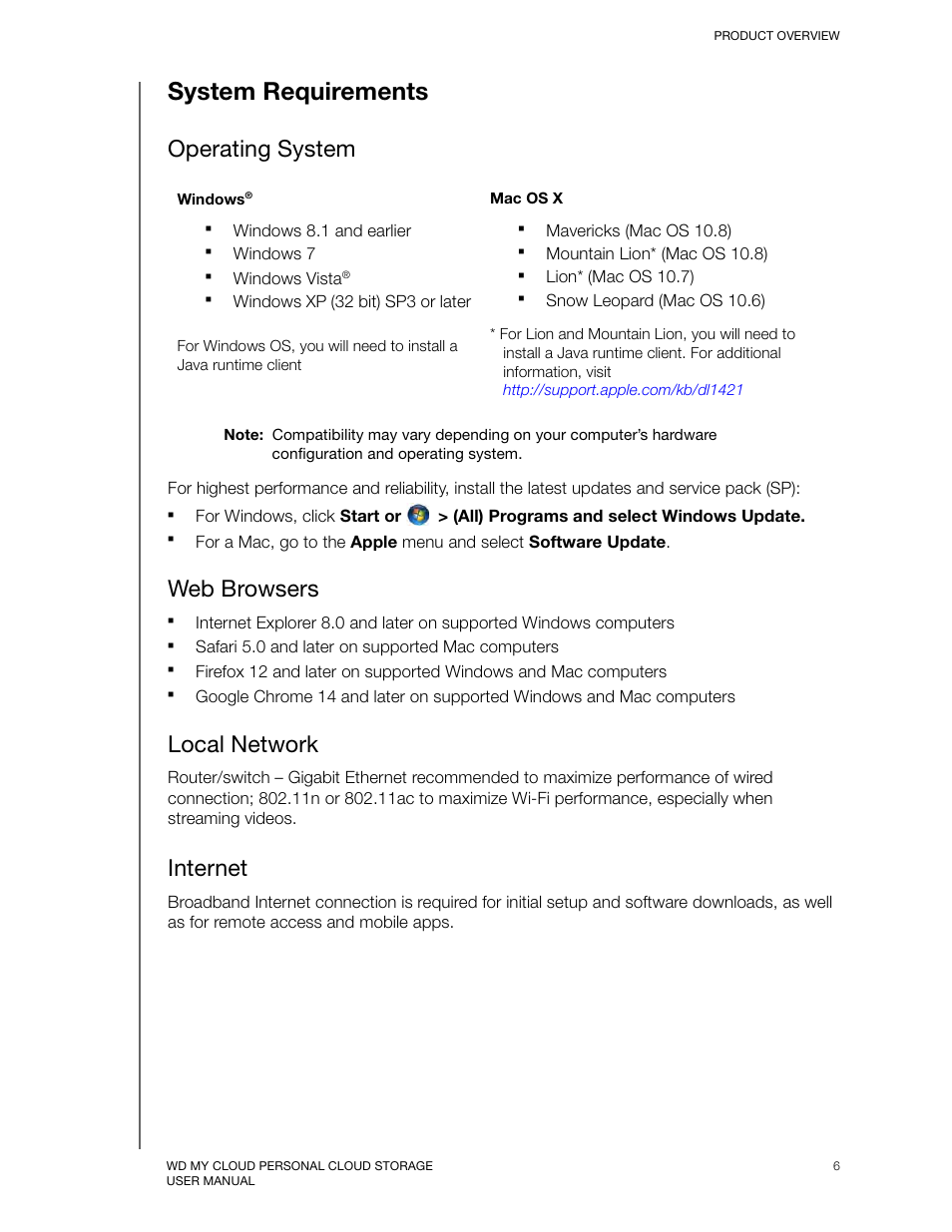 System requirements, Operating system, Web browsers | Local network, Internet | Western Digital My Cloud User Manual User Manual | Page 11 / 126