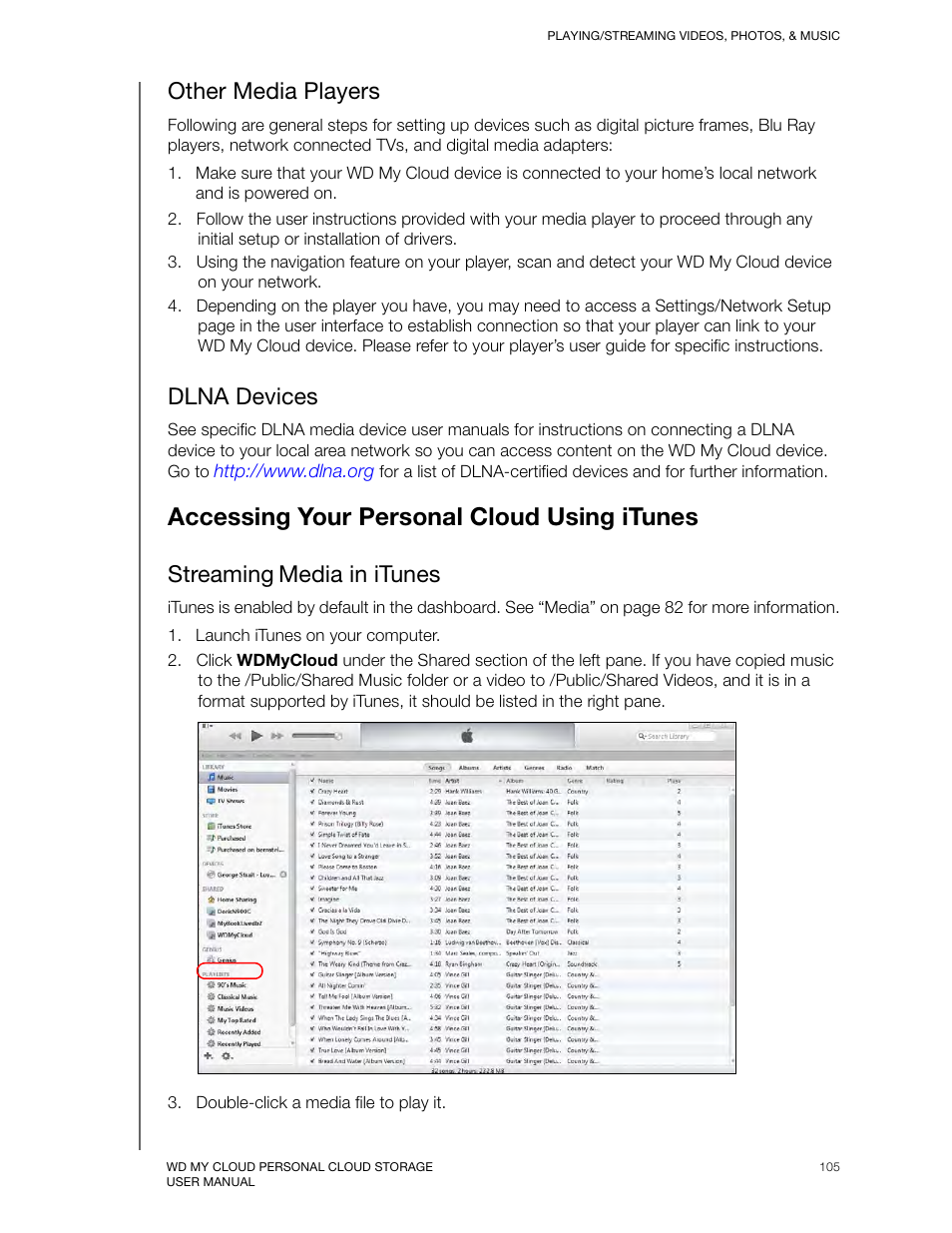 Other media players, Dlna devices, Accessing your personal cloud using itunes | Streaming media in itunes, Streaming, Media in itunes | Western Digital My Cloud User Manual User Manual | Page 110 / 126