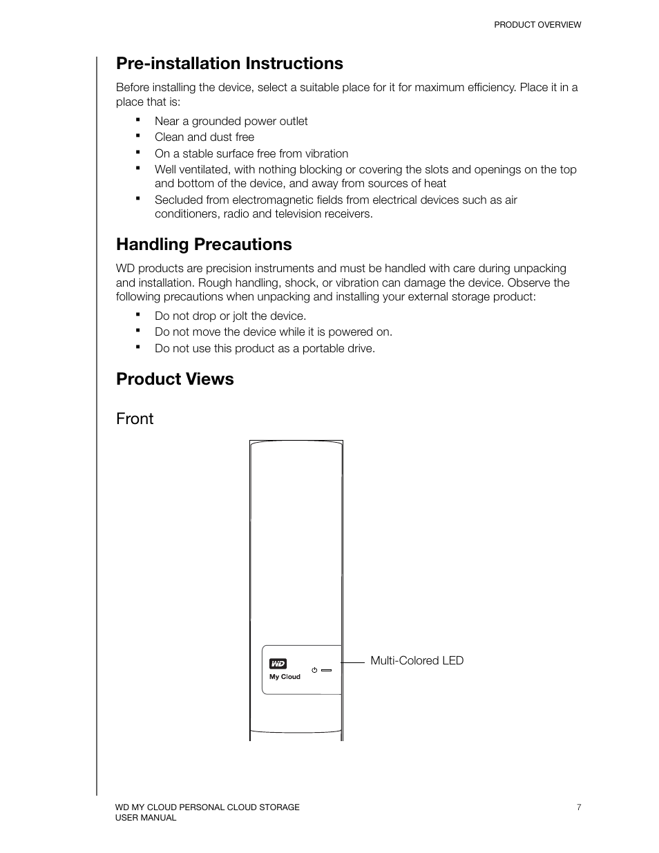 Pre-installation instructions, Handling precautions, Product views | Front | Western Digital My Cloud User Manual User Manual | Page 12 / 126