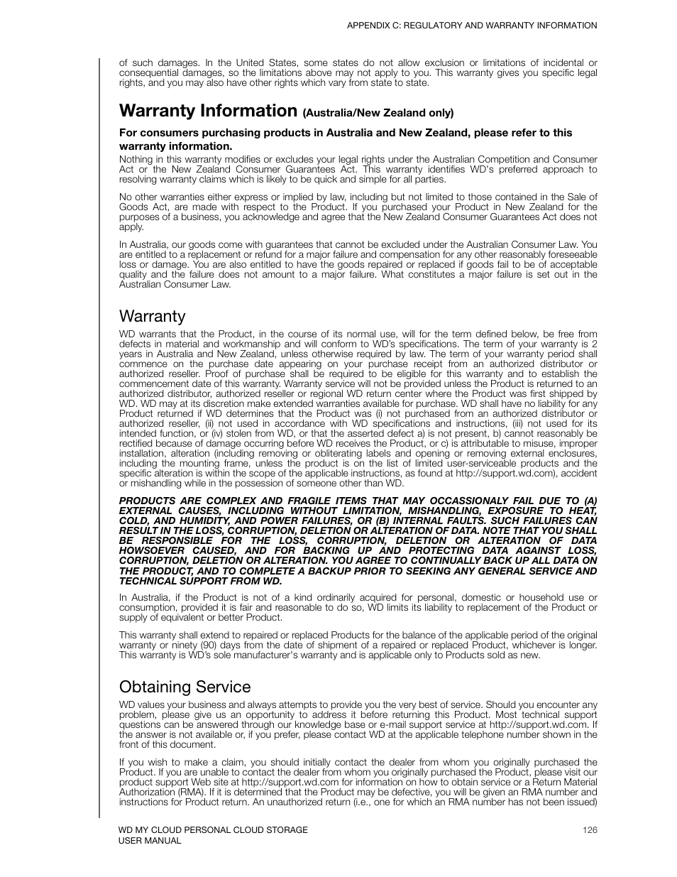 Warranty information (australia/new zealand only), Warranty, Obtaining service | Warranty information | Western Digital My Cloud User Manual User Manual | Page 121 / 126