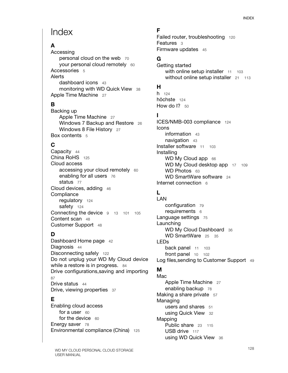 Index | Western Digital My Cloud User Manual User Manual | Page 123 / 126
