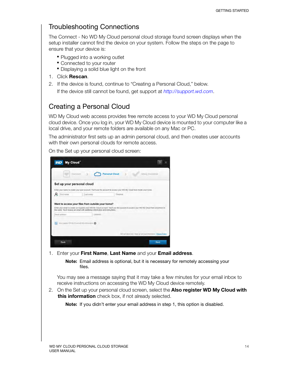 Troubleshooting connections, Creating a personal cloud | Western Digital My Cloud User Manual User Manual | Page 19 / 126