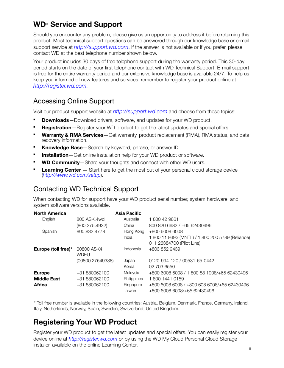 Wd® service and support, Accessing online support, Contacting wd technical support | Registering your wd product, Service and support | Western Digital My Cloud User Manual User Manual | Page 2 / 126