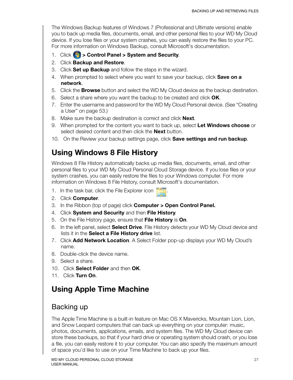 Using windows 8 file history, Using apple time machine, Backing up | Western Digital My Cloud User Manual User Manual | Page 32 / 126