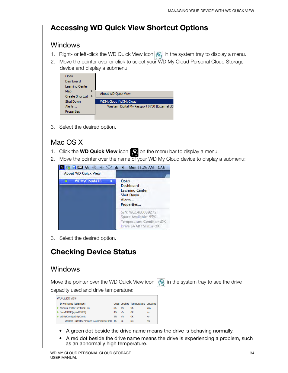 Accessing wd quick view shortcut options, Windows, Mac os x | Checking device status | Western Digital My Cloud User Manual User Manual | Page 39 / 126