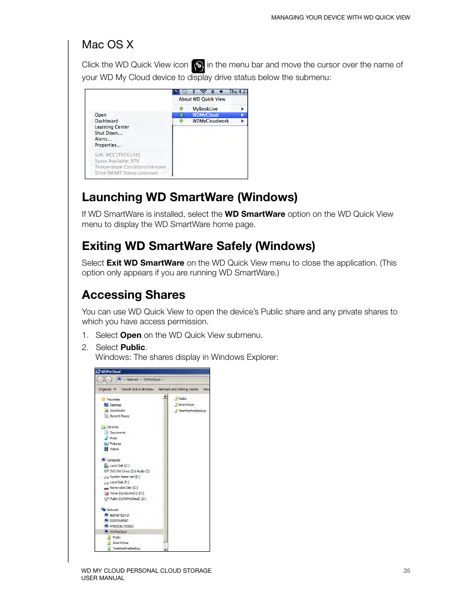 Mac os x, Launching wd smartware (windows), Exiting wd smartware safely (windows) | Accessing shares | Western Digital My Cloud User Manual User Manual | Page 40 / 126