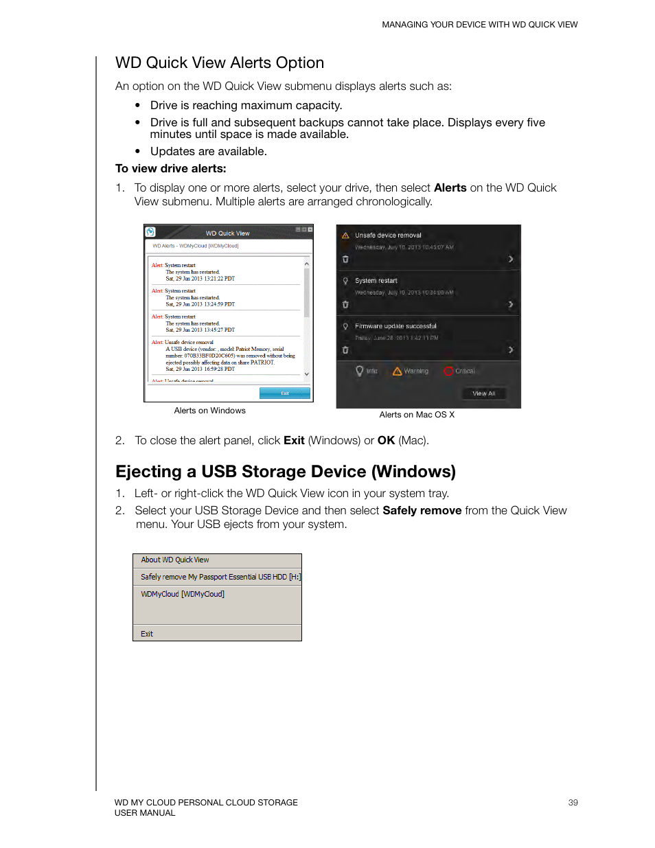 Wd quick view alerts option, Ejecting a usb storage device (windows) | Western Digital My Cloud User Manual User Manual | Page 44 / 126