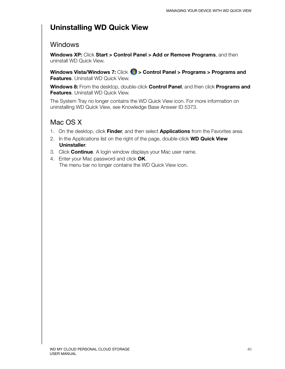 Uninstalling wd quick view, Windows, Mac os x | Western Digital My Cloud User Manual User Manual | Page 45 / 126
