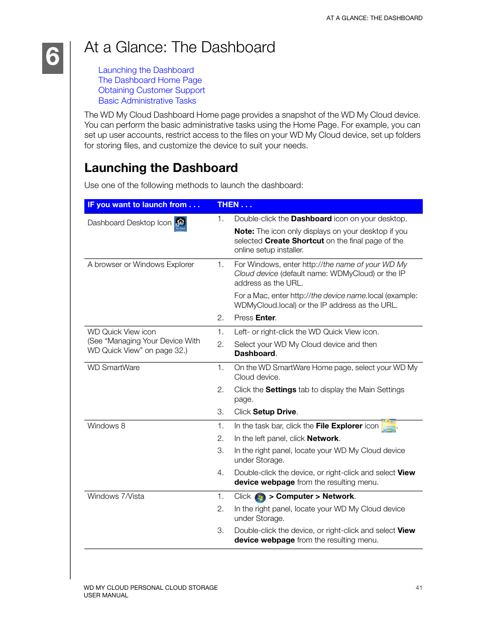 At a glance: the dashboard, Launching the dashboard | Western Digital My Cloud User Manual User Manual | Page 46 / 126