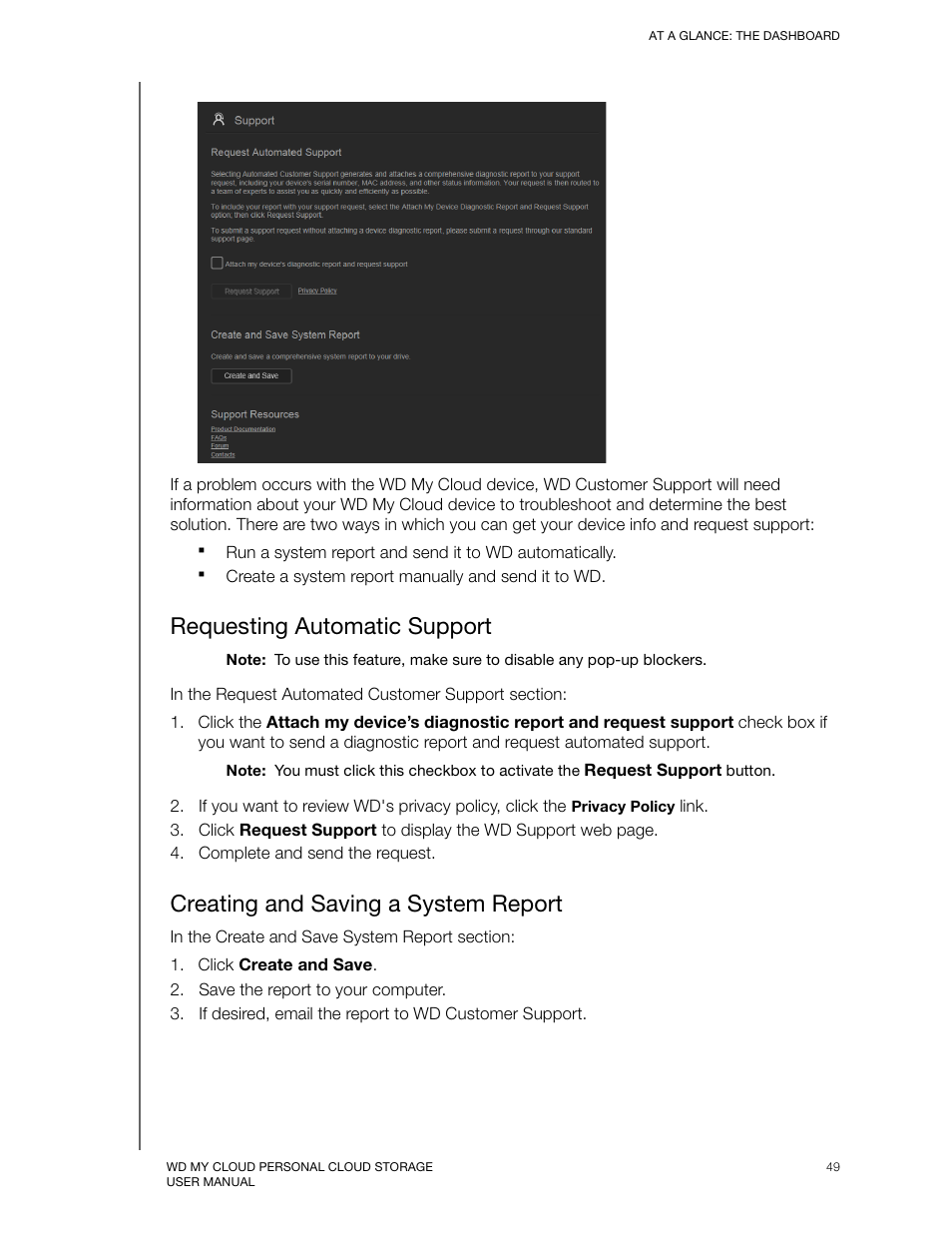 Requesting automatic support, Creating and saving a system report | Western Digital My Cloud User Manual User Manual | Page 54 / 126