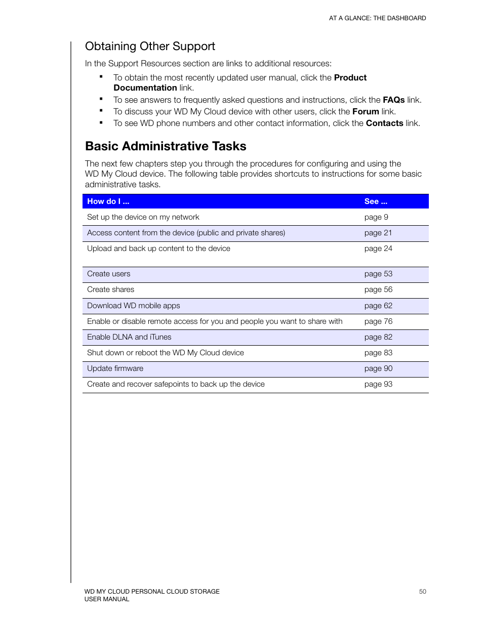 Obtaining other support, Basic administrative tasks | Western Digital My Cloud User Manual User Manual | Page 55 / 126
