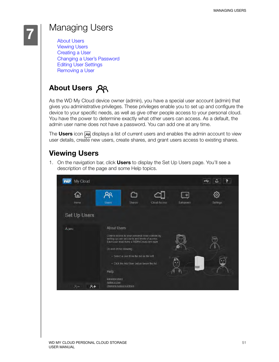 Managing users, About users, Viewing users | Western Digital My Cloud User Manual User Manual | Page 56 / 126