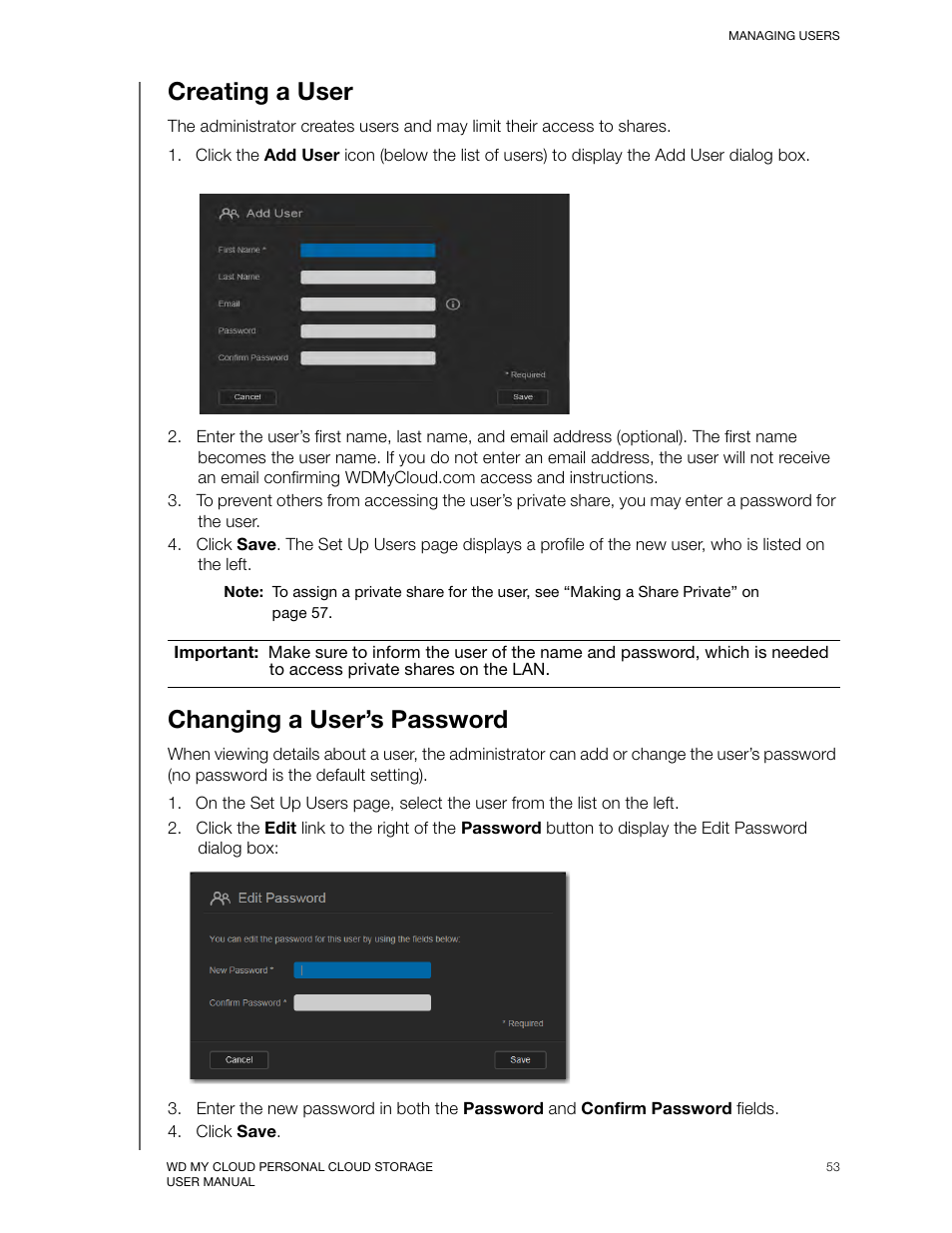 Creating a user, Changing a user’s password | Western Digital My Cloud User Manual User Manual | Page 58 / 126