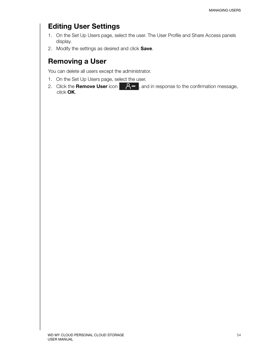 Editing user settings, Removing a user | Western Digital My Cloud User Manual User Manual | Page 59 / 126